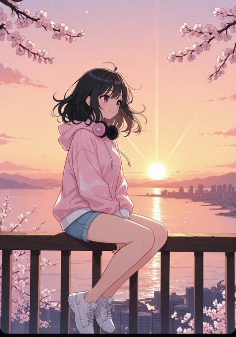 An anime-style illustration of a dark-haired girl wearing a pink hoodie and headphones around her neck, sitting on a railing with cherry blossoms and a sunset over a coastal city in the background.