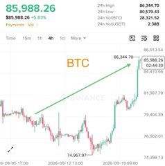 A trading chart shows the BTC/USD price increasing to approximately 86,344.70 with a balance of 85,988.26 and a +1.82% change.