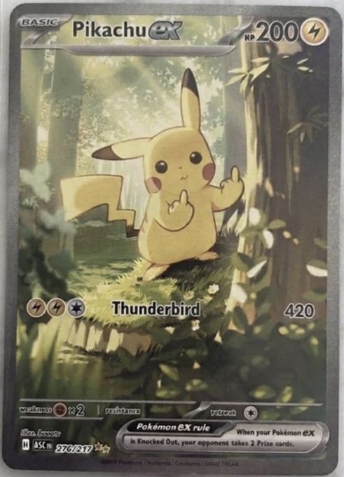 A holographic Pokémon trading card featuring Pikachu EX with the 'Thunderbird' attack (420 damage), HP 200, and Pokémon EX rule stating 'When your Pokémon EX is Knocked Out, your opponent takes 2 Prize cards.'