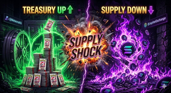 The image features a poster for a trading card game called "Supply Shock" with two stacks of money - one green and one purple, representing supply shocks. The poster also includes text about trading cards and tokens, as well as social media handles like @meteoraag, @solana, and #SV151.