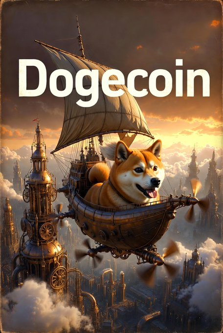 A steampunk-style digital illustration featuring a Shiba Inu dog as the figurehead on a flying airship with propellers, soaring above clouds at sunset, with the text "Dogecoin" prominently displayed.