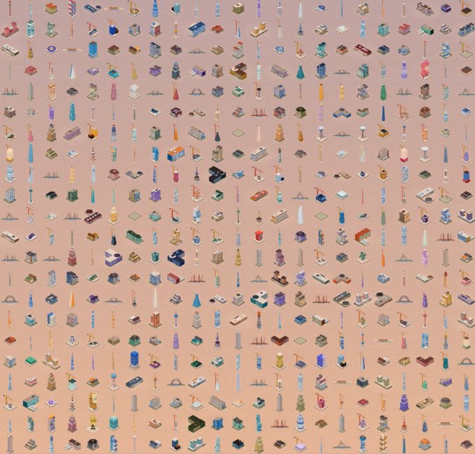 A grid-like pattern of small isometric icons depicting various vehicles, buildings, and street infrastructure set against a peach gradient background, appearing to be tileset assets from a video game.