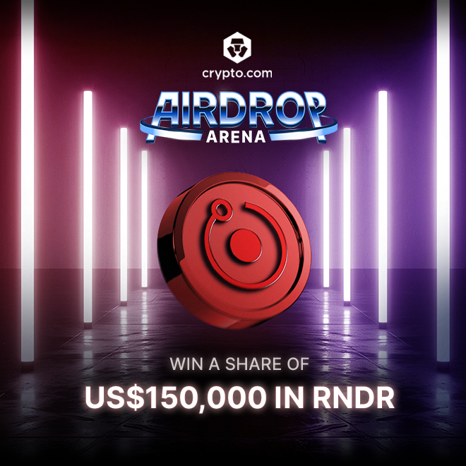 A Crypto.com Airdrop Arena promotional graphic featuring a red Render (RNDR) token against a neon-lit purple backdrop, advertising a chance to win a share of US$150,000 in RNDR by allocating CRO between Aug 29 and Sep 28, 2026.