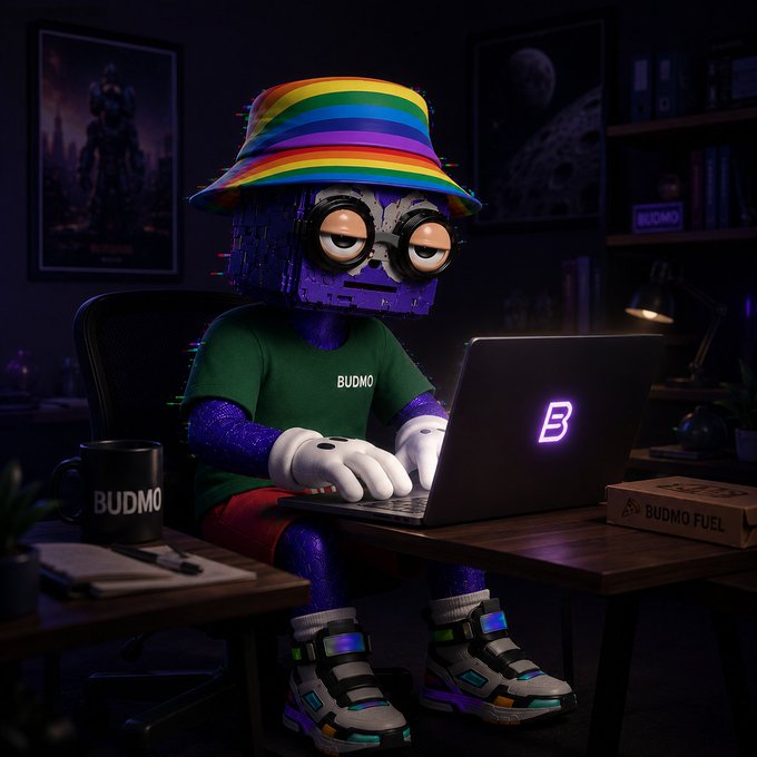 A 3D-rendered purple character wearing a rainbow bucket hat, glasses, and a green 'BUDMO' shirt, sitting at a desk using a laptop with a glowing 'B' logo, with a 'BUDMO FUEL' box nearby in a dark room.