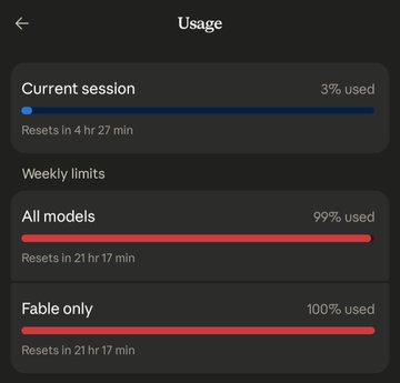 A dark mobile app screen showing Usage statistics: Current session 3% used, All models 99% used, and Fable only 100% used, with reset timers displayed.