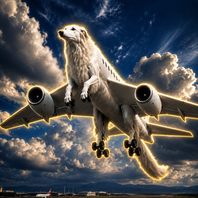 A surreal image of a white dog merged with the body of a commercial airplane soaring through dramatic clouds, outlined in glowing golden light—directly visualizing the "$DogPlane" meme coin launched on Solana with the contract address "54cDtZtEnvTHAzfo5bFkJf3GAZV9v5KJHEznu2dSpump."