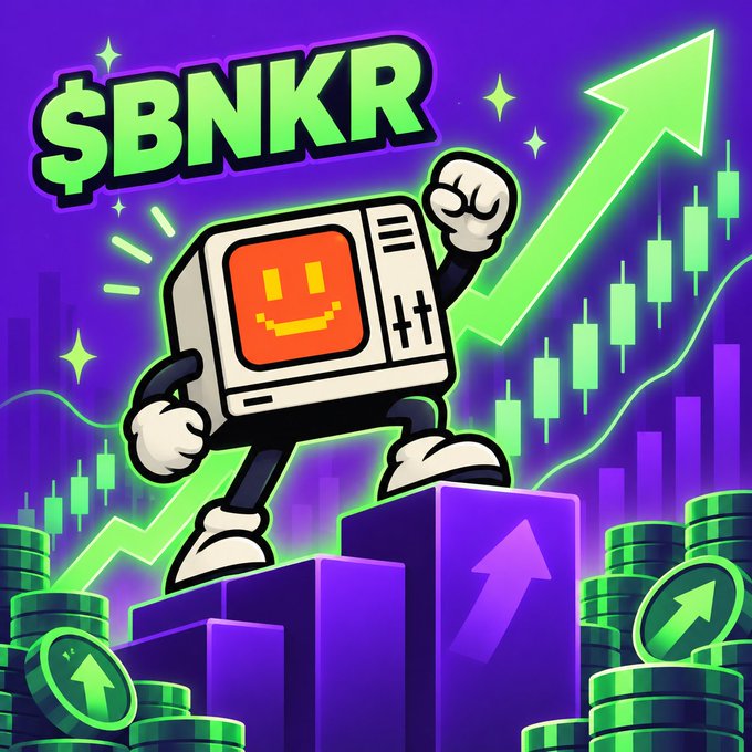 A vibrant graphic for $BNKR token featuring a cartoon computer monitor character with a smiling face and muscular arms standing on purple blocks, with a green upward arrow and candlestick chart in the background indicating price growth.