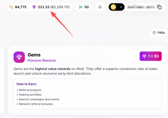 The image shows a screenshot from the AlloX app displaying 221.15 Gems with a conversion rate of 1 Gem = $5, totaling $1,105.75. The user's post questions whether this valuation will hold true at TGE (Token Generation Event), expressing hope that the rewards translate to real value rather than being symbolic.