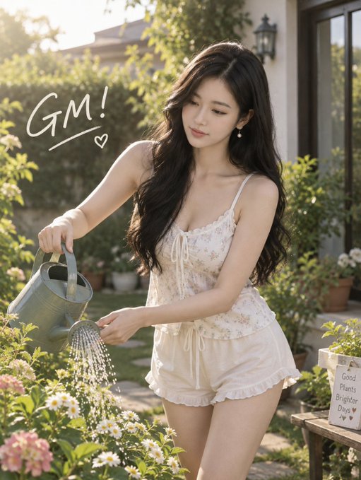 A young woman in a cream floral romper waters plants in a sunny garden, with 'GM!' written in the corner and a sign reading 'Good Plants Brighter Days'.