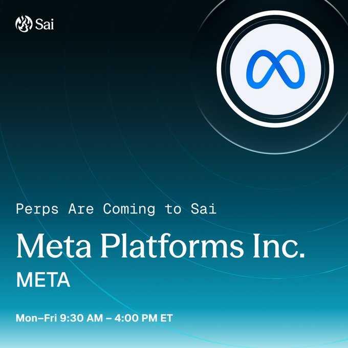 The image features a blue background with a white circle containing a blue "M" inside of it, which is the Meta Platforms logo. The text below the logo reads "Meta Platforms Inc." and mentions that perps are coming to Sai on Tuesday, June 2 at 9:30 AM.