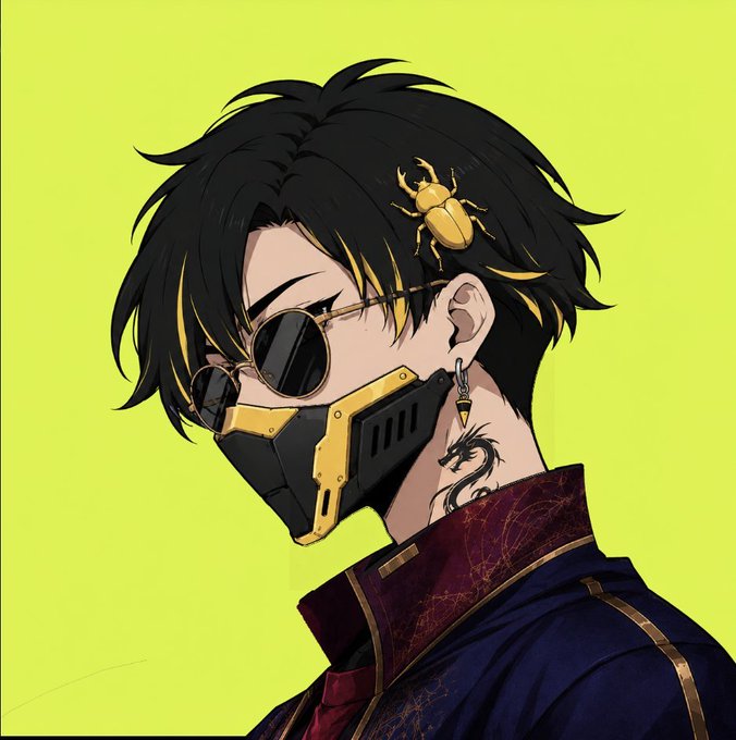 An anime-style digital illustration of a character with black hair streaked with yellow highlights, wearing round sunglasses, a gold and black mask, and a dark outfit, featuring a golden beetle on their hair and a dragon tattoo on their neck against a bright green background.