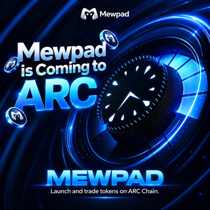 Promotional graphic announcing that Mewpad is coming to ARC, featuring a futuristic blue design with text reading 'Mewpad is Coming to ARC' and 'MEWPAD - Launch and trade tokens on ARC Chain.'