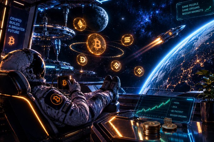 A digital artwork of an astronaut relaxing in a space station lounge with feet up, looking out at Earth and cryptocurrency coins (BTC, ETH, SOL, BNB) floating in space; text reads 'CRYPTO BUILDS A BRIGHTER FUTURE' and 'SAME PEOPLE SAME DREAMS BIGGER MARKETS'.