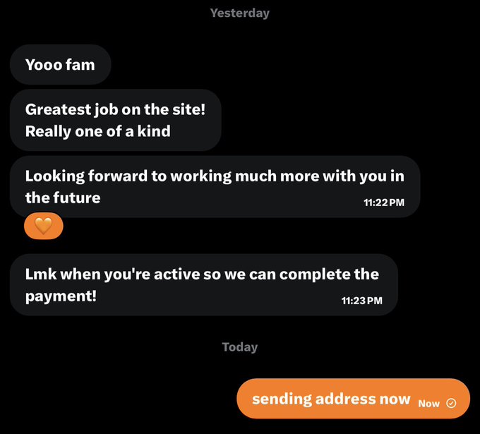 A text message conversation showing friendly messages with timestamps from 11:22 PM and 11:23 PM, ending with 'sending address now' sent Today.