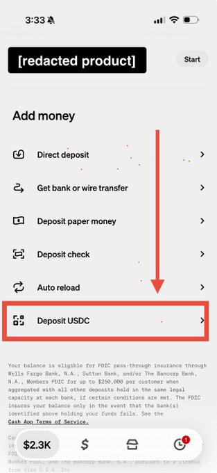 The image shows a phone screen with an app that allows users to send stablecoins directly from their account. The main focus of the image is a red arrow pointing towards the "Direct Deposit" section, indicating where the user can add money to their account. The text on the screen provides instructions for how to use this feature and what it does.
