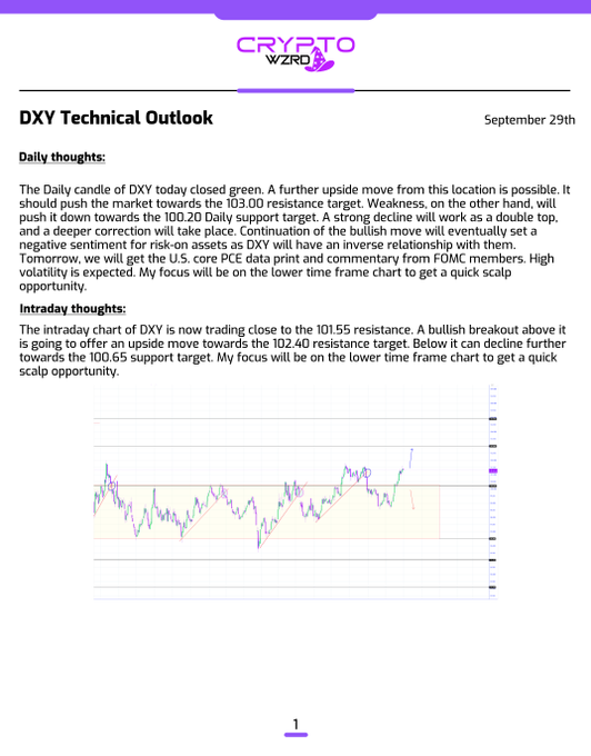 A 'Crypto Wzrd' newsletter page titled 'DXY Technical Outlook' dated September 29th, discussing daily and intraday market analysis with a line chart showing price movements.