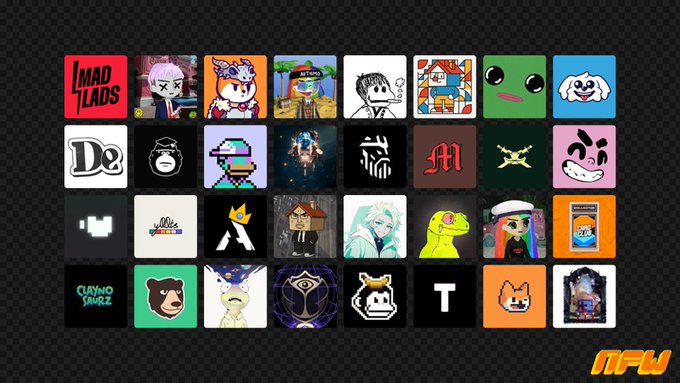 This image displays a grid of various NFT collection avatars, including "I MAD LADS" and "De," which directly relates to the post asking for input on which collections to list at launch.