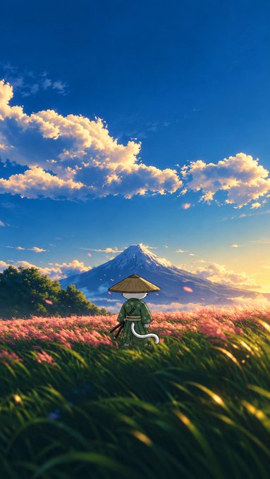 An anime-style illustration depicts a small figure wearing a traditional straw hat and green outfit standing in a field of pink flowers, with Mount Fuji visible in the background under a blue sky.