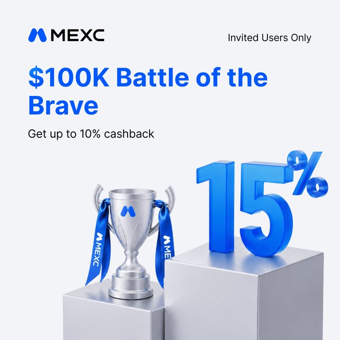 The image features an advertisement for a contest called "MEXC Battle of the Brave", which is a competition that takes place online. It invites participants to join the fight, where they will compete against other traders in a battle of strategy and skill. The prize pool is $100,000 with an additional 15% cashback incentive if the winner holds the top position. Two trophies are displayed prominently on either side of the text - one silver trophy representing the first place and another blue trophy symbolizing the second place. The scene also includes three gray blocks placed near the bottom corners of the image. The image is captioned to guide viewers towards the post, where a detailed description of the contest can be found including details about how it works and why it's relevant for certain groups of people who are interested in trading or investing in cryptocurrencies like Bitcoin.