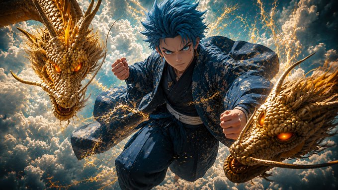 An anime-style character with blue hair and a blue kimono is shown in a dynamic action pose, flanked by two golden dragons with glowing eyes, surrounded by golden energy and clouds.