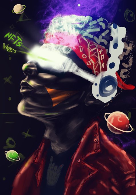 An artistic digital image showing a person in a red jacket with smoke billowing from their head, featuring VR goggles and NFT-themed graphics like planets and text.