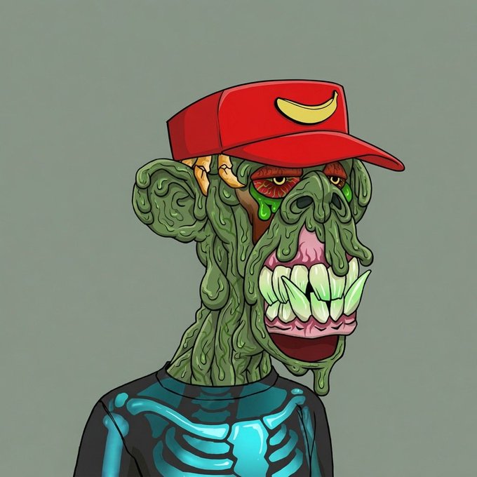 A cartoon illustration of a grotesque, green, decaying face wearing a red baseball cap with a yellow logo and a blue and black skeleton shirt.