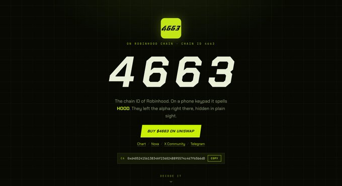 This image displays information for the cryptocurrency ticker 4663, which represents "HOOD" on a phone keypad and is launched by the @Noxa_Fi team. The post indicates the user owns this coin and believes it is a good investment.