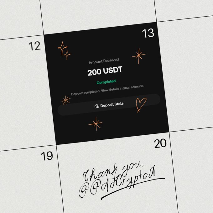 The image shows a screenshot of a 200 USDT deposit confirmation marked "Completed" with a "Deposit Stats" button, displayed on a calendar/grid background with the handwritten note "thank you, @AFCryptoX" at the bottom. The caption captures the win being celebrated in the post, visually verifying the 200 USDT earnings that the user is thanking AFCryptoX and Yntbet for.
