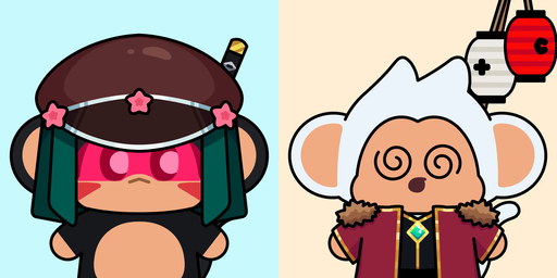 This image features two stylized monkey characters from the 'Chimpers' collection, identified by the text as 'Soubi the Smith' (left) and 'Nodomi' (right), with a 'C' logo visible on a lantern in the top right corner, representing a recent bulk purchase of 2 Common NFTs for 1.3400 ETH.