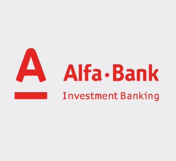Alfa-Bank logo with red 'A' symbol and 'Investment Banking' text on a light gray background.