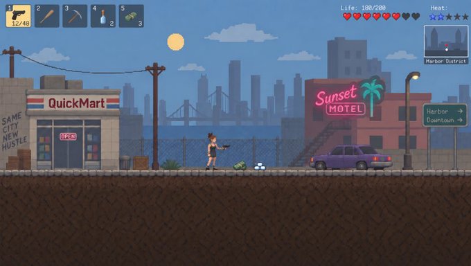 A 2D pixel art video game scene showing a female character with a gun standing between a 'QuickMart' and 'Sunset Motel' in a harbor district at dusk.