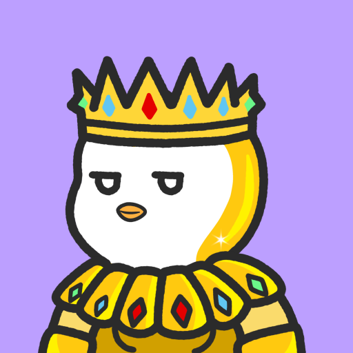 A simple cartoon illustration of a white duck or chick wearing a golden crown and royal robes with jewels, against a purple background.