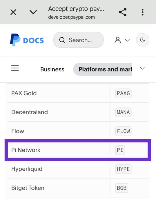 A screenshot from developer.paypal.com showing a list of cryptocurrencies including PAX Gold, Decentraland, Flow, Pi Network (highlighted with ticker 'PI'), Hyperliquid, and Bitget Token.