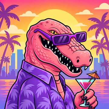 A colorful illustration shows a reptilian alligator mascot in purple shades wearing sunglasses and a tropical shirt, holding a cocktail against a sunset city skyline. It visually accompanies the post about $MACCA surging on Robinhood Chain amid speculation linking it to GTA 6’s Macca the Gator mascot.