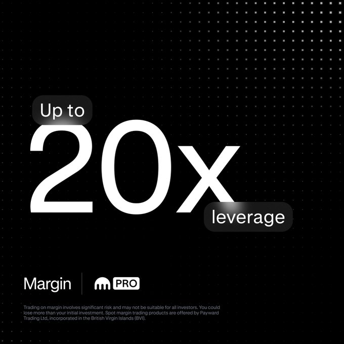 A black promotional graphic highlighting "Up to 20x leverage" for Margin trading on Kraken Pro, featuring a subtle dotted pattern background and a disclaimer about margin trading risks. The image visually reinforces the post's announcement of the increased ETH/USD leverage ceiling while emphasizing that risk tools and visibility remain unchanged.