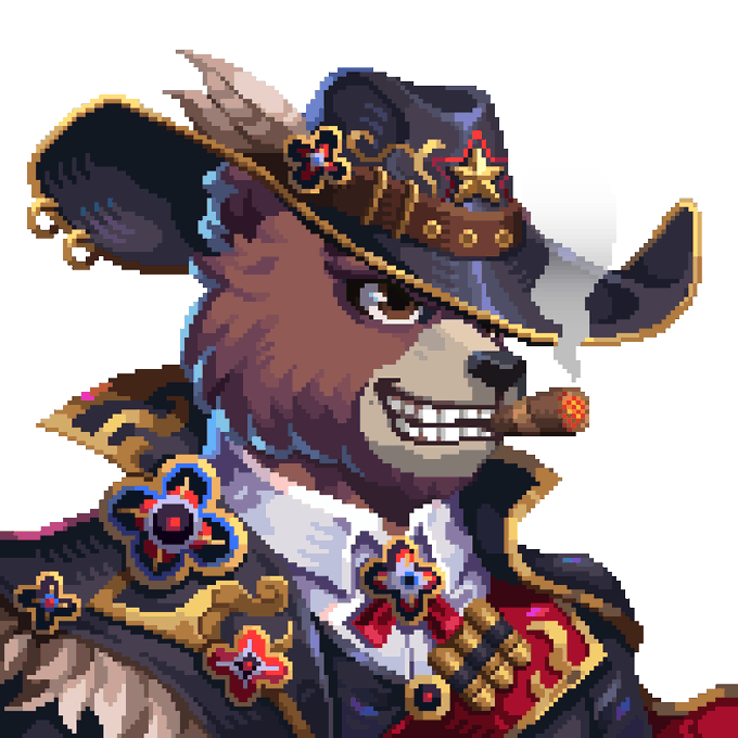 A pixel art portrait of a smiling bear dressed in an ornate sheriff outfit, complete with a feathered cowboy hat, decorated vest, and a lit cigar in its mouth. The artwork showcases the bear as the "Chief Sheriff of Sherwood," highlighting a hand-drawn, larger-pixel style (164x164) in contrast to the smaller CryptoPunks format (24x24) mentioned in the caption.