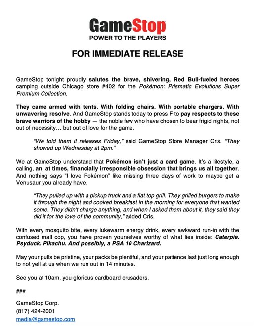 A GameStop press release titled "FOR IMMEDIATE RELEASE" with the tagline "POWER TO THE PLAYERS" praises customers who camped outside Chicago store #402 for the Pokémon: Prismatic Evolutions Super Premium Collection, quoting Store Manager Cris who noted the product was advertised as a Friday release but devoted fans arrived on Wednesday.