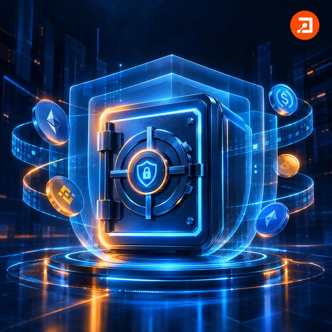 A digital illustration of a high-tech blue safe with a padlock icon on its door, surrounded by floating cryptocurrency coins against a dark city backdrop.