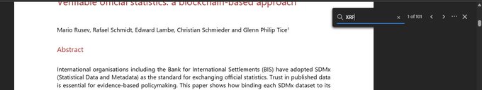 An academic paper titled 'Verifiable Official Statistics: a blockchain-based approach' by Mario Rusev, Rafael Schmidt, Edward Lambie, Christian Schmieder and Glenn Philip Tisse, with a search box showing 'xxif'.