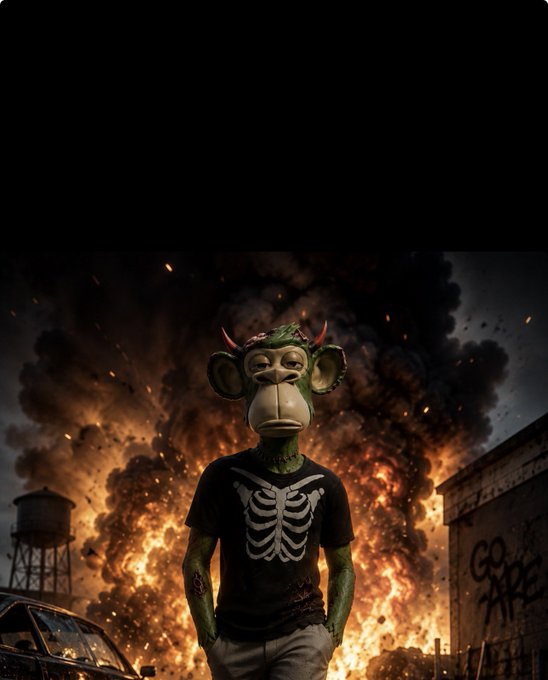 A green demonic monkey-headed figure wearing a skeleton shirt stands calmly in front of a massive fiery explosion in a desolate urban setting.
