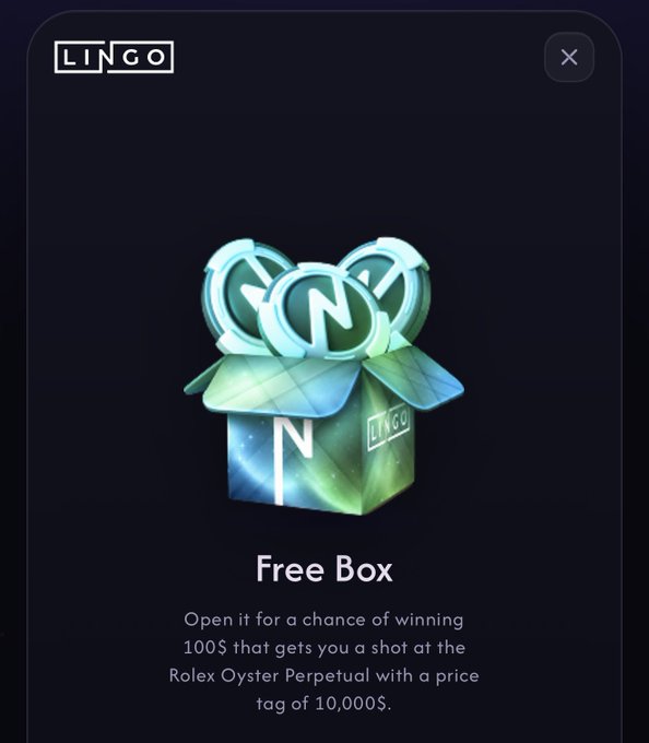 This image promotes a "Free Box" from LINGO, offering a chance to win a $100 prize or a Rolex Oyster Perpetual valued at $10,000, aligning with the post about opening mystery boxes for incredible prizes.