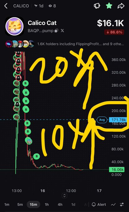 A trading chart for the meme coin 'Calico Cat' (CA) showing a price of $16.1K with an 86.6% drop, annotated with handwritten '20X' and '10X' targets in yellow.