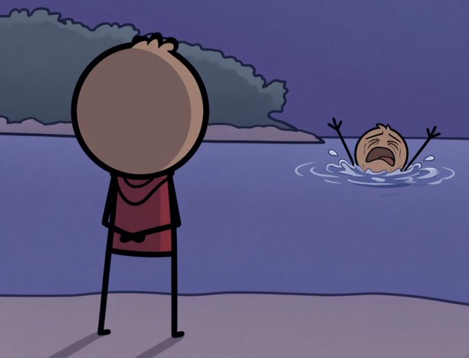 A cartoon scene showing a stick figure character watching another character struggling in water, appearing distressed.