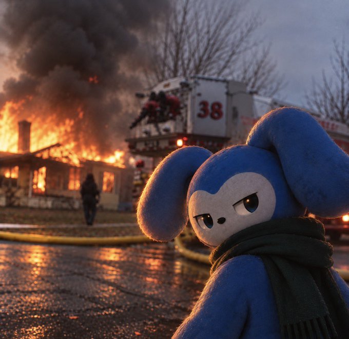 A photograph of a blue My Melody plush toy with an annoyed expression in the foreground, while a house fire with firefighters and a fire truck numbered 38 rages in the background.
