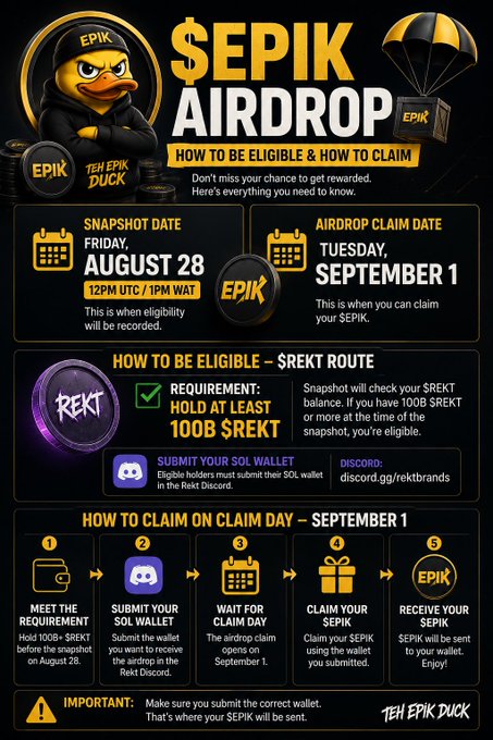 An infographic detailing the '$EPIK AIRDROP' with instructions on eligibility and claiming dates from August 28 to September 1, branded 'TEH EPIK DUCK'.