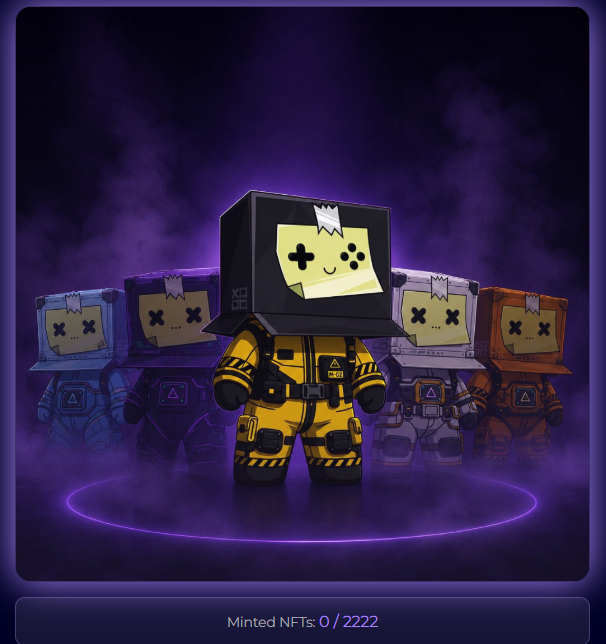 A promotional image for the XOOB Voyagers NFT collection featuring five boxy astronaut characters with game controller-style faces in various colored hazmat suits (yellow center, blue, purple, white, and red flanking), set against a smoky purple background with "Minted NFTs: 0 / 2222" displayed at the bottom to highlight the upcoming August 3rd mint event.