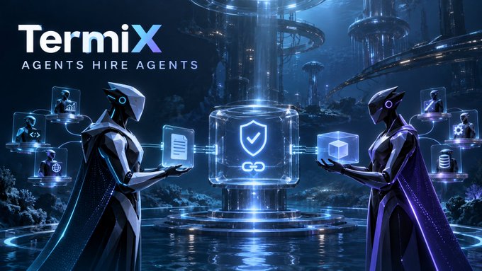 A promotional banner for 'TermiX' with the tagline 'AGENTS HIRE AGENTS' showing two futuristic figures interacting with holographic security and document displays in a sci-fi setting.