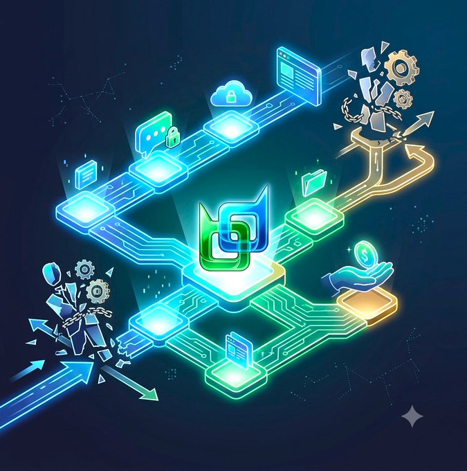 A digital technology-themed graphic depicting a glowing blue and green circuit board network with a central logo, security icons, folders, and arrows on a dark starry background.