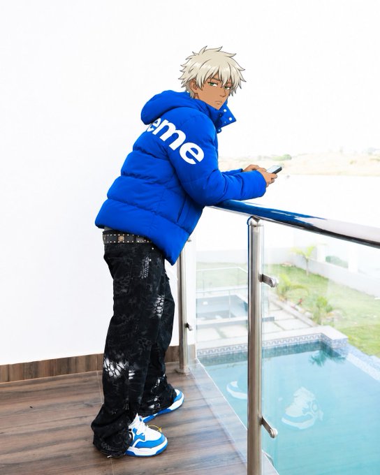 An anime-style character with white hair wearing a blue "Supreme" puffer jacket and distressed black jeans leans against a glass balcony railing while looking at a phone, with a pool visible below.