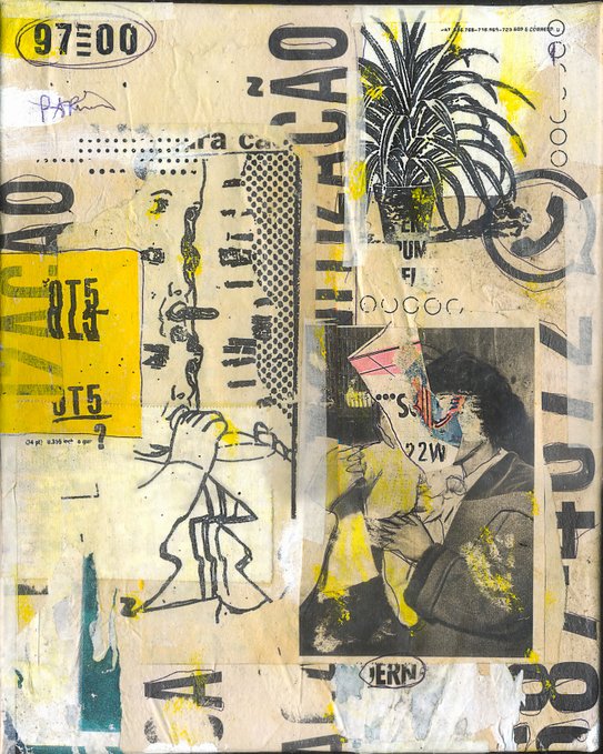 A mixed-media collage artwork featuring yellow, black, and white tones, with visible text including '97.00', 'IRAQ', 'reaching Out', '92W', and 'INTERN', along with a sketched hand reaching for a beaded curtain and a printed photograph of a person.
